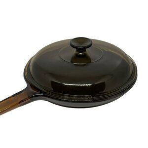VTG CorningWare Visions Amber Brown Glass Skillet w/ Lid Teflon Coated 3.75"x11"